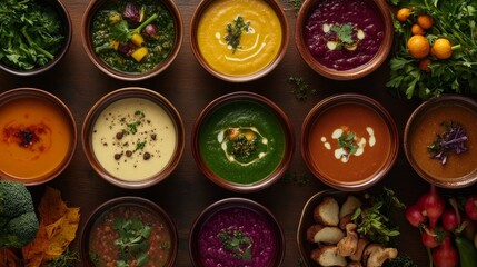 Autumnal soups spotlight seasonal vegetables and organic ingredients in vibrant vegan bowls, capturing the essence of the harvest season.