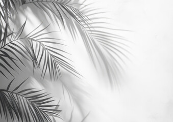 Obraz premium Abstract shadow of palm leaves on white concrete wall background, summer concept. Design for product presentation, mockup template. White and grey color, soft light, shadow overlay.