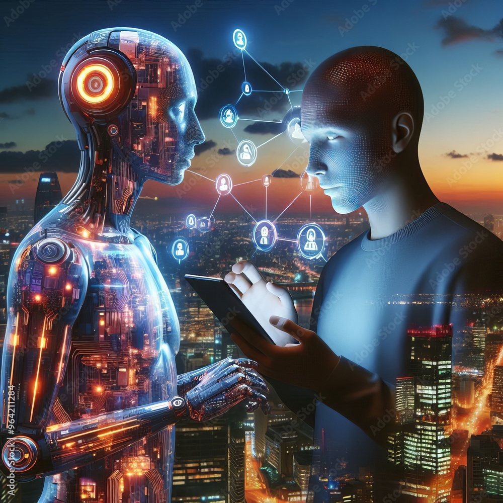 Poster a digital artwork depicting a futuristic scene where a humanoid robot and a human interact using a t