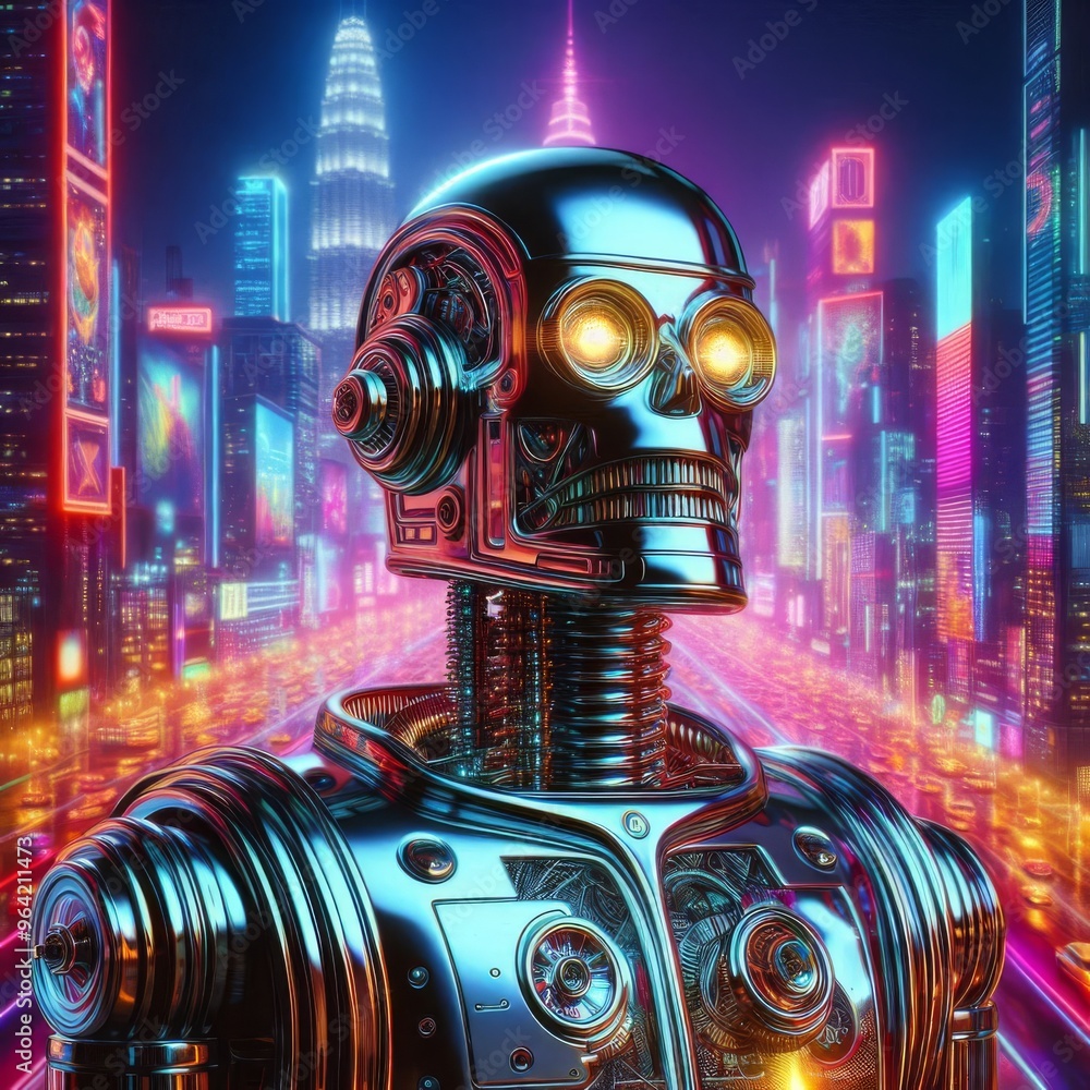 Poster striking image of a futuristic robot with glowing eyes standing in a vibrant, neon-lit cyberpunk cit