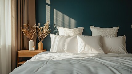 Hotel room with comfortable double bed  neatly white sheets  decorative cover and pillows. Bedroom with textile decor  cushions and bedding. Concepts of cozy morning at home