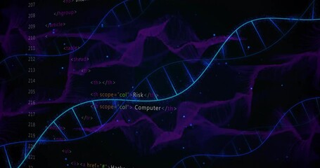 DNA strands and HTML code over digital data visualization - Powered by Adobe