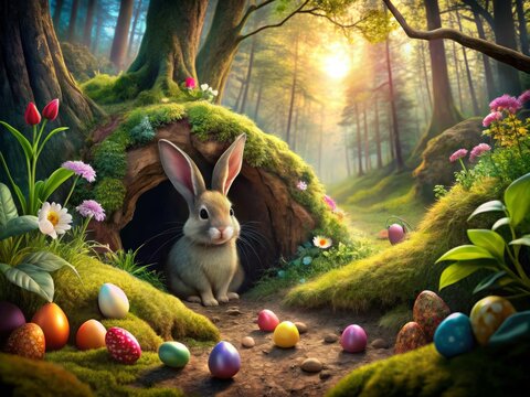Whimsical fantastical vibrant Easter bunny burrow scene forest