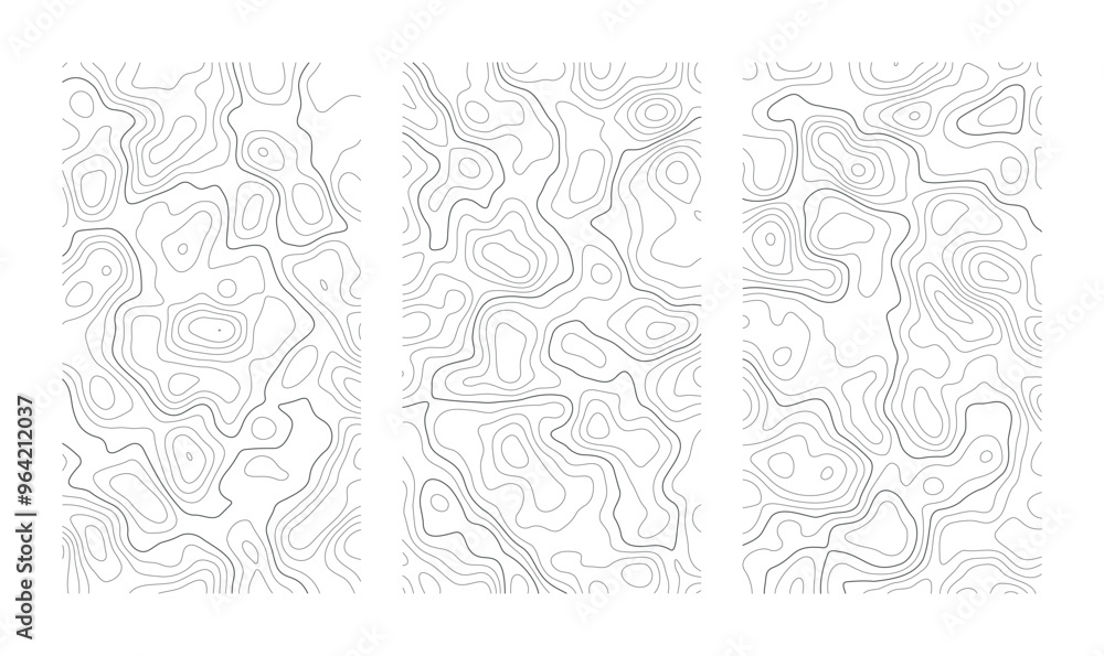 Poster set of vertical topographic map patterns isolated on transparent background. line contour geographic