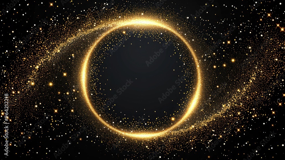 Poster a mesmerizing cosmic scene featuring a glowing circular frame filled with sparkling stars against a 