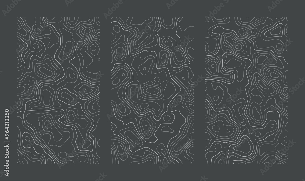 Poster set of vertical topographic map patterns isolated on dark background. line contour geographic abstra