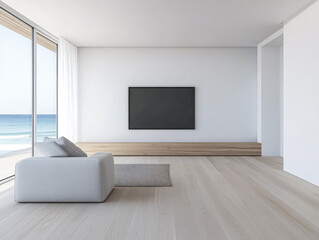 Fototapeta premium Living room in a luxury Mediterranean villa next to the sea with minimalist decor and coastal furniture. Luxury Real Estate homes interior design.