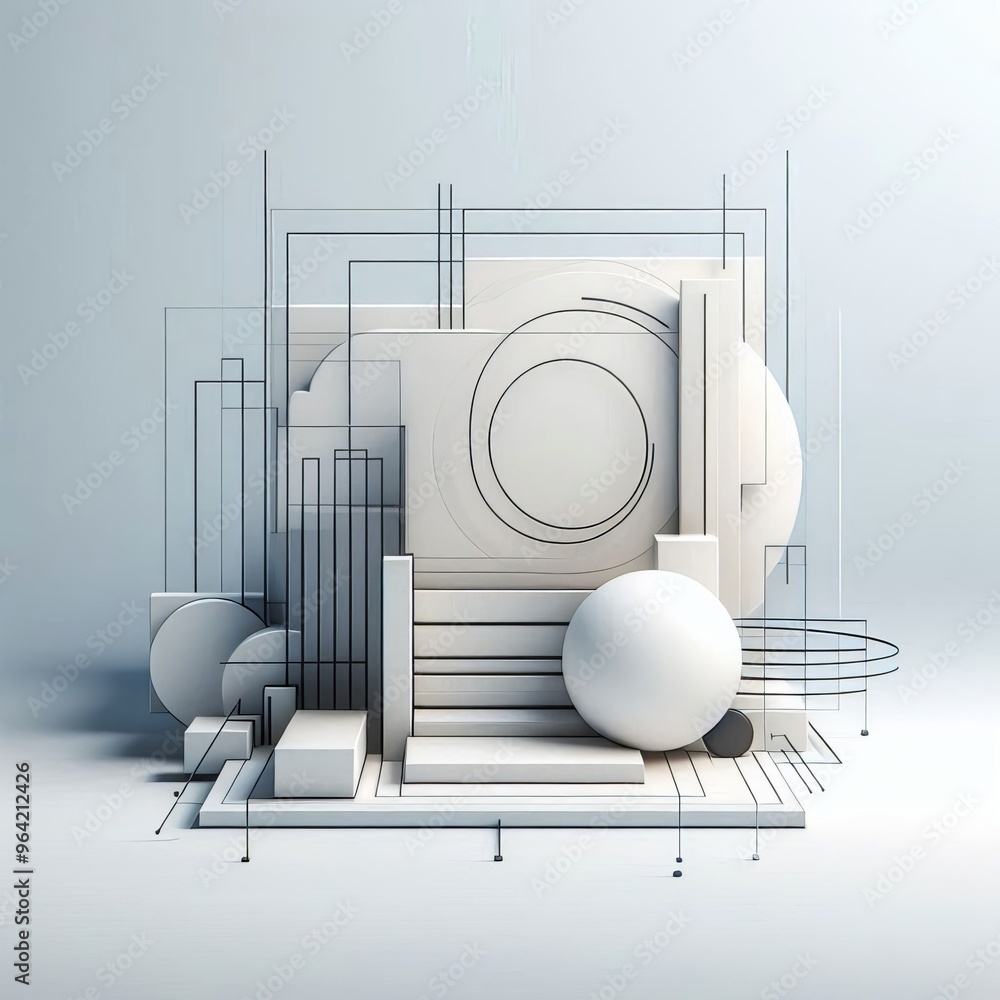 Poster a striking abstract 3d rendering featuring geometric shapes and interconnected lines. this minimalis