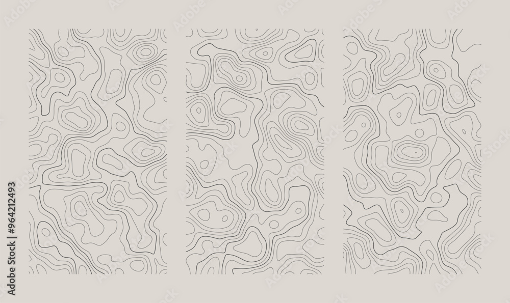 Poster set of vertical topographic map patterns isolated on white background. line contour geographic abstr