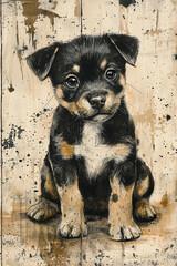 Black and Beige Drawing of Cute Dog in Minimal Line Style, Watercolor, Abstract Neutral Background