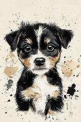 Black and Beige Drawing of Cute Dog in Minimal Line Style, Watercolor, Abstract Neutral Background