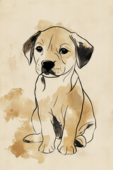 Black and Beige Drawing of Cute Dog in Minimal Line Style, Watercolor, Abstract Neutral Background