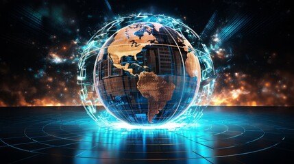 Obraz premium Satellite signal, hologram ai ui technology global social network world. Neural network ai generated art