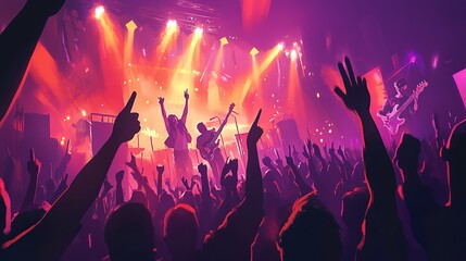 Fototapeta na wymiar A vibrant concert scene with a band playing, the crowd jumping and waving their hands in the air