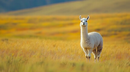 Fototapeta premium White Alpaca in a Field of Golden Grass