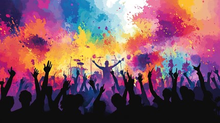 A vibrant concert scene with a band playing, the crowd jumping and waving their hands in the air