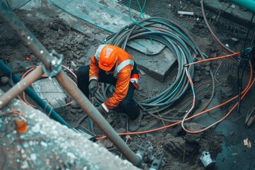 A construction worker in safety gear diligently working amidst cables and dirt, highlighting the laborious nature of building work.