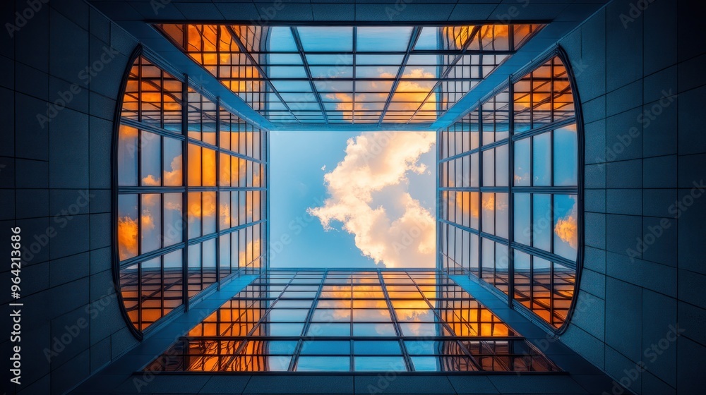 Poster reflection of clouds in modern building architecture.