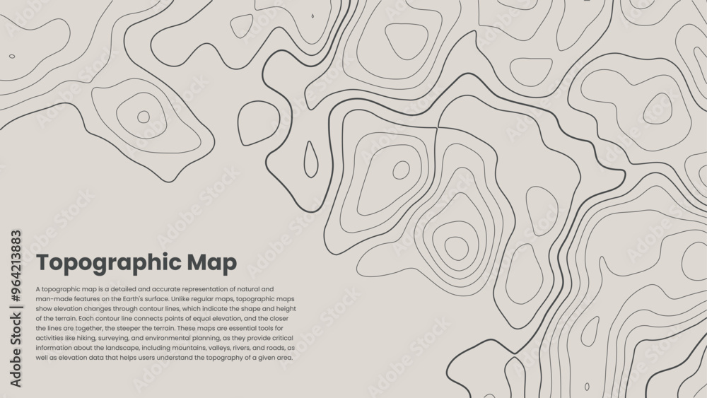 Fototapete topographic map banner with copy scape and geographic pattern on beige background, topography line m