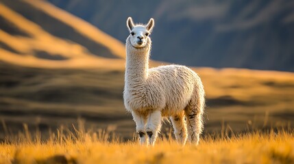 Fototapeta premium White Alpaca Standing in a Field