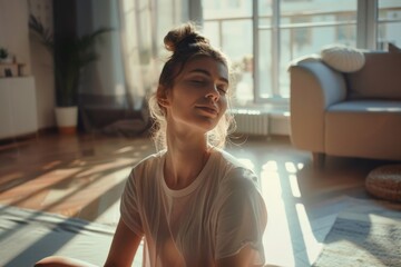 A woman relishes a moment of serene sunlight, her eyes closed and face basked in warm rays, exuding peace and tranquility in a cozy living space.