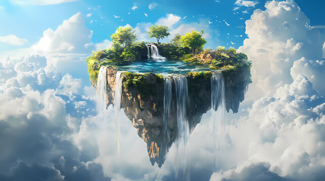 A floating island with a cascading waterfall into the sky,. Floating Islands. Illustration
