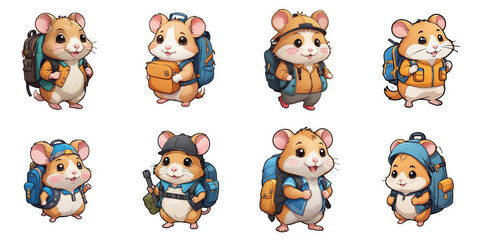 Obraz premium Collection of cartoon-style hamster with back pack