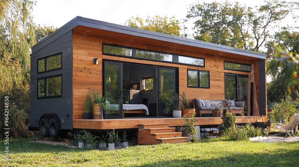 Sticker Modern tiny house with a wooden deck and large windows.