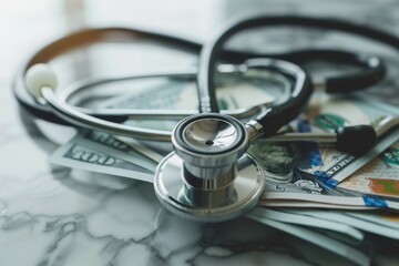 A stethoscope lies sprawled across a pile of US dollar bills on a marble surface, symbolizing the intersection of health and finance.