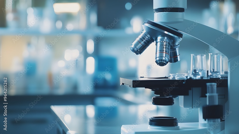 Poster abstract view of a laboratory with a prominent microscope blurred picture