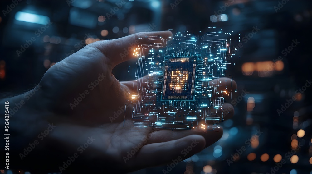 Poster futuristic microchip evolution:from early computer chip to holographic processor