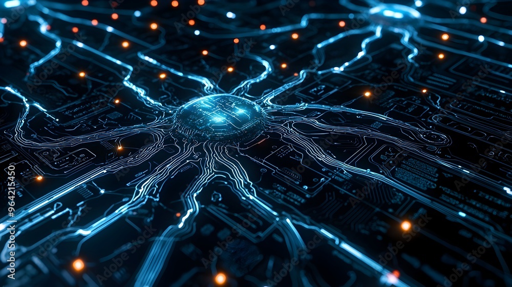 Aufkleber digital circuit boards merging with organic neural pathways - abstract concept of technological