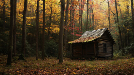 Rustic wooden cabin in a peaceful autumn forest surrounded by colorful leaves and trees, creating a tranquil woodland scene