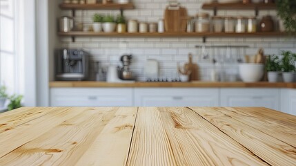 Natural wooden table Blurred background with family dining room and minimalist kitchen interior. Wooden table, kitchenware and appliances on furniture and shelves, white wall 