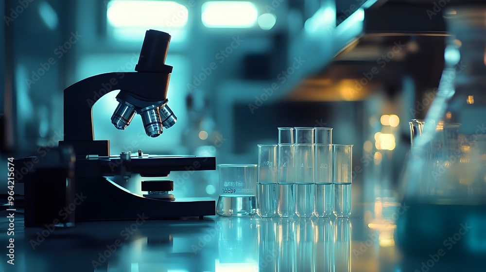 Poster Microscope in a laboratory scene with a softly blurred background image