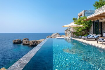 Fototapeta premium Elegant infinity pool with blue water, stone walls, and lush greenery overlooking the sea, luxury villas with Mediterranean architecture on Crete's cliffs.