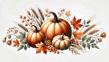 Thanksgiving card with autumn leaves and pumpkins decoration.
