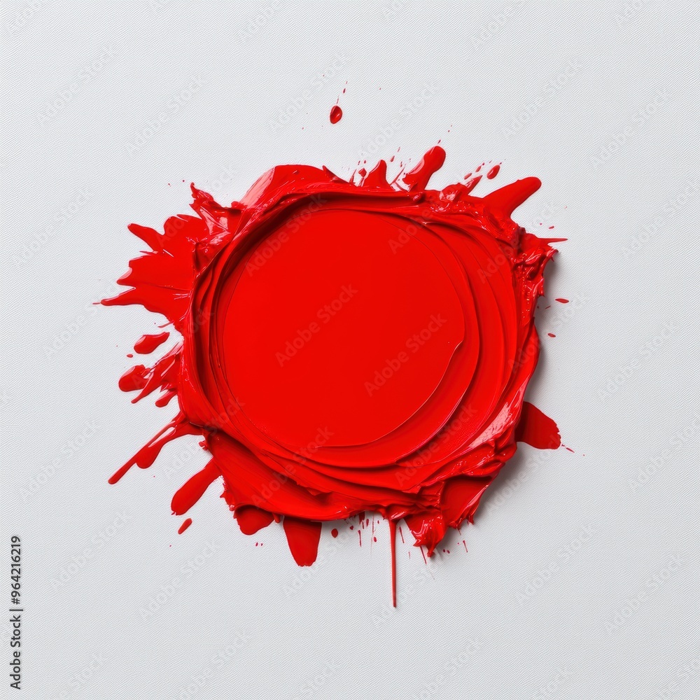 Poster a red blob of paint is splattered on a white background