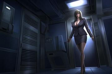 Obraz premium Futuristic Businesswoman Walking Through Dark Sci-Fi Corridor
