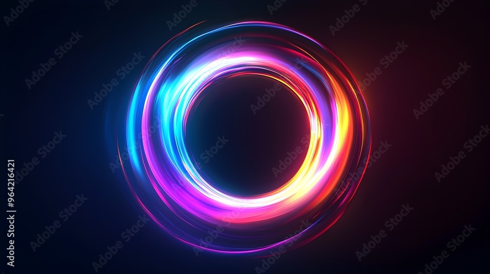 Poster pulsating glowing circular element with gradient colors surrounded by darkness