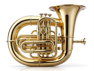 A Brass Tuba In An Upright Position With Valves And A Mouthpiece, Isolated On A White Background