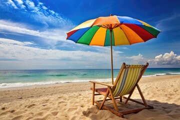 A Bright Beach Umbrella With A Sand-Colored Clip Is Secured In The Sand Next To A Beach Chair.
