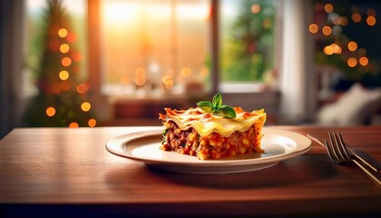 piece of lasagna in a plate on a table, against the background of a kitchen with large windows, warm colored bokeh background.