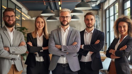 Confident business team standing strong in modern office