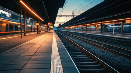 passenger lanes at long railway stations along the train tracks 