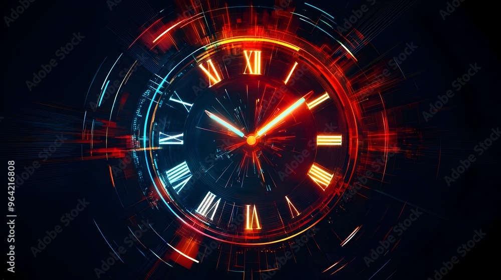 Poster glowing abstract clock face with neon radiating lines in dark background