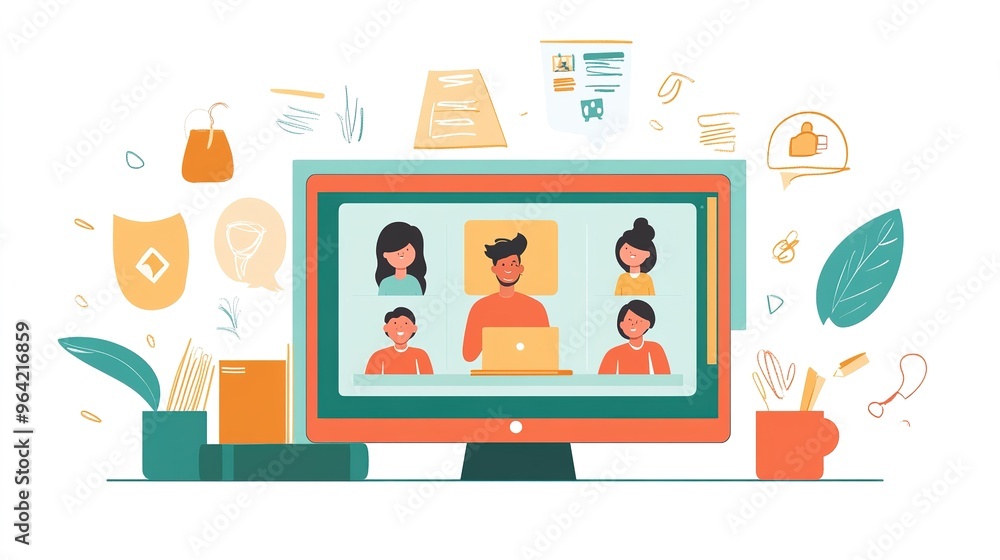 Poster a virtual classroom on a computer screen, with students and the teacher visible in a video call