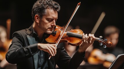 Fototapeta premium A violinist performing a solo on stage, with the orchestra softly playing in the background
