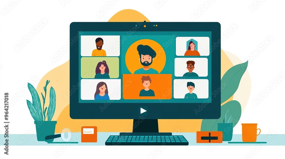 Poster a virtual classroom on a computer screen, with students and the teacher visible in a video call