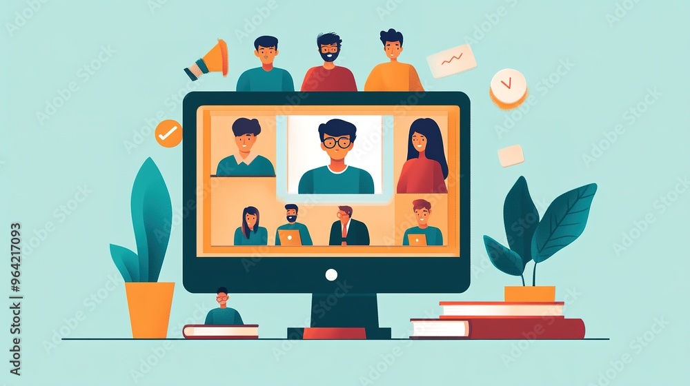 Poster a virtual classroom on a computer screen, with students and the teacher visible in a video call